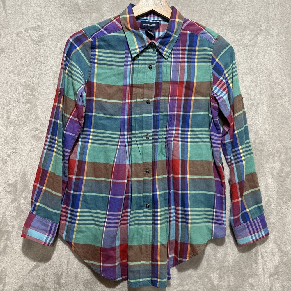 Ralph Lauren Blue‎ Label Madras Plaid Button-Down Shirt Women's Size 12